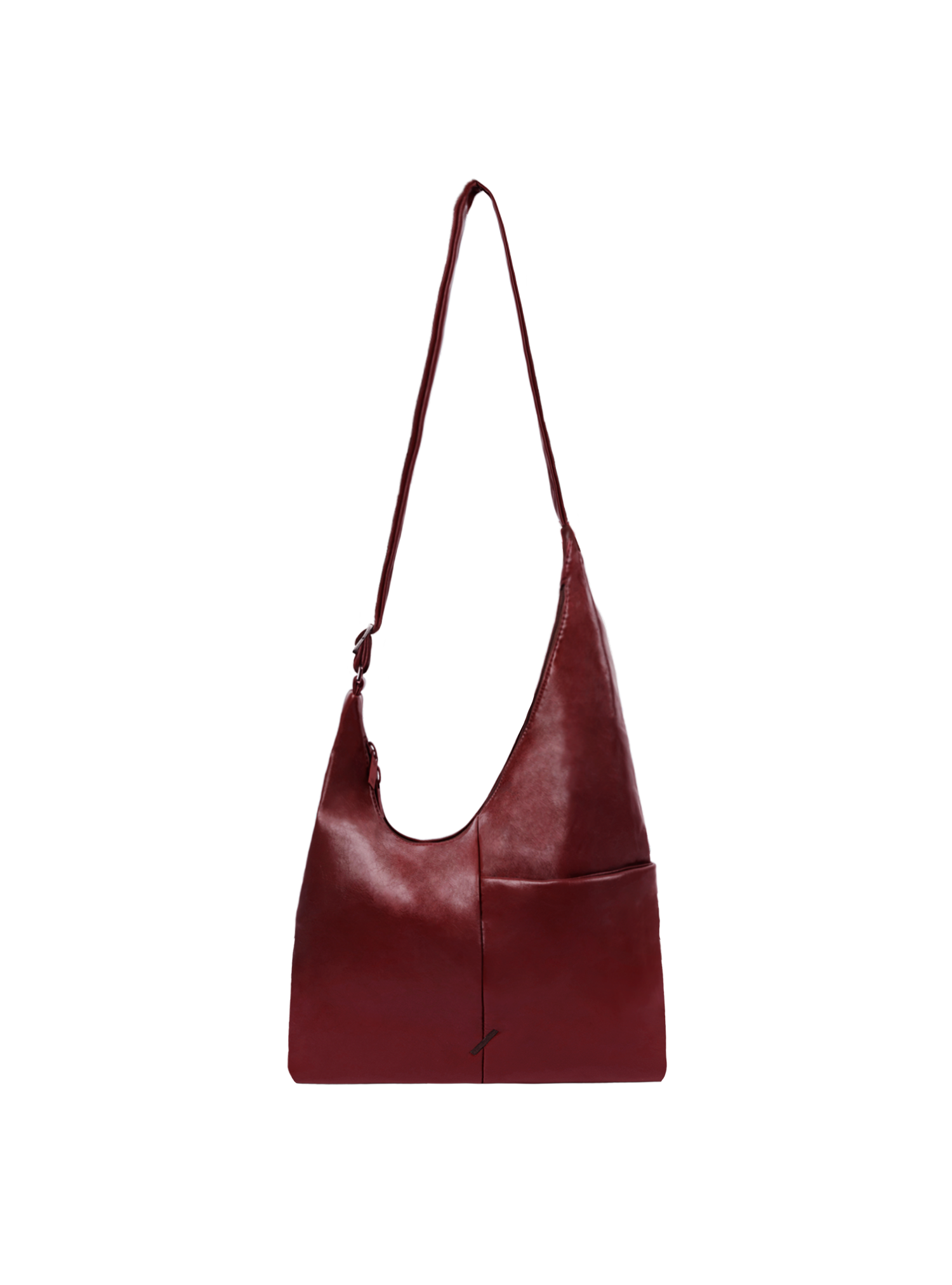 The Midi Arc slouchy hobo bag in wine red vegan leather with adjustable strap for shoulder or crossbody wear
