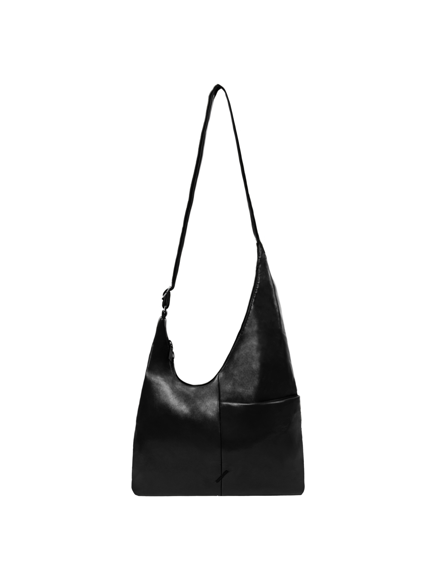 The Midi Arc slouchy hobo bag in black vegan leather with adjustable strap for shoulder or crossbody wear