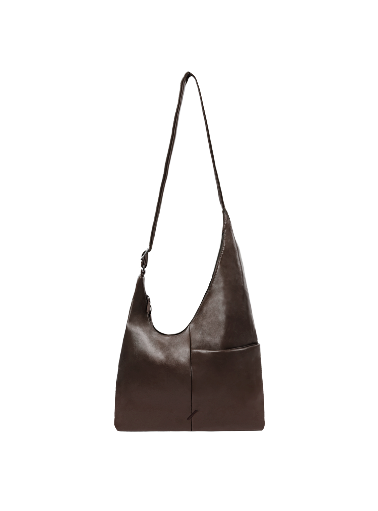 The Midi Arc slouchy hobo bag in dark brown vegan leather with adjustable strap for shoulder or crossbody wear